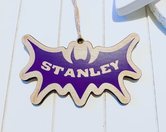 Bat Tree Decoration | KidsShark Personalised Decoration | Wooden Bright Name Bauble | Kids Tree Christmas Gift