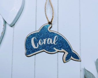 Dolphin Personalised Tree Decoration | Girls Childrens tree Decoration | Kids Tree Decs | Wooden Bright Name Decoration