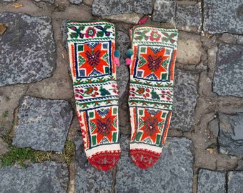 Hand knitted antique and rare socks, woman's socks part of Gostivar ethnic costume late XIX century