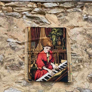Finished large gobelin, Woman on a piano, Greek Elvigo gobelin vintage