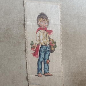 Vintage handmade kid's tapestry, gobelin needlepoint, picture of a boy, finished needlepoint