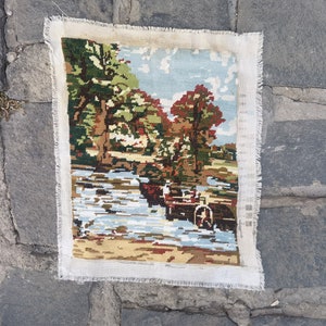Landscape cross stitch finished piece, vintage tapestry wall decor gobelin needlepoint