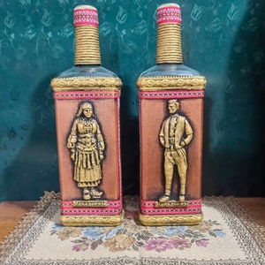 Set of two decorative bottles, ethnic decor bottles, Galichnik village bride and groom bottles