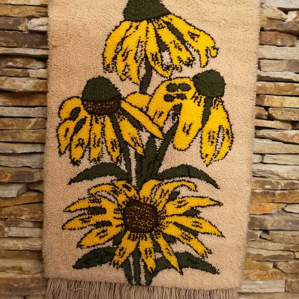 Vintage tapestry with sunflowers, soft shaggy handmade tapestry