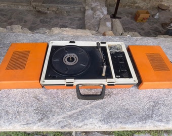 Elak Ritz record player, vintage space age design orange record player with speakers