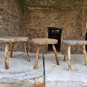 Set of 3 primitive wooden stools, handmade antique primitive and rustic tripod stools