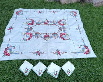 Cross stitch embroidered tablecloth and 8 napkins, vintage 1970s floral embroidered tablecloth