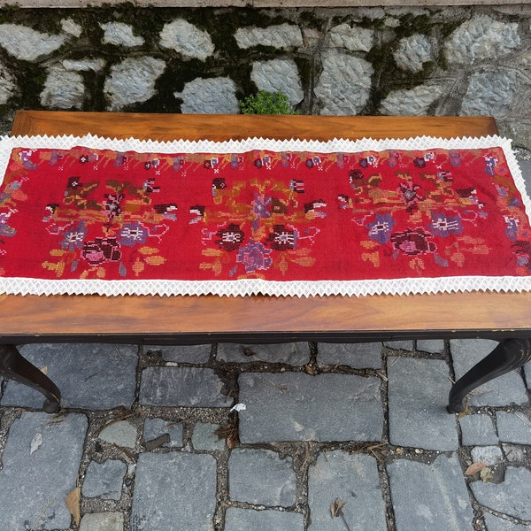 Table runner hand woven and hand embroidered, antique table runner with ethnic motives and pattern of Kumanovo villages