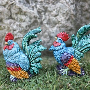 Porcelain rooster figurines, colorful rooster figurines, vintage 70s pair of porcelain figurines