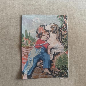 Handcrafted vintage tapestry, finished needlepoint tapestry, gobelin needlepoint tapestry Boy and a dog
