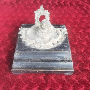 French antique inkwell, collectible wood and bronze inkwell with original small bottle