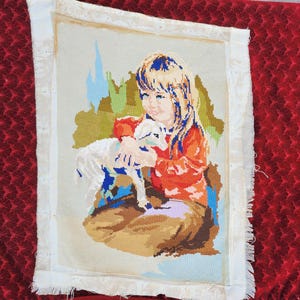 Beautiful finished needlepoint tapestry, Girl and a lamb, vintage handmade gobelin needlepoint, petit point