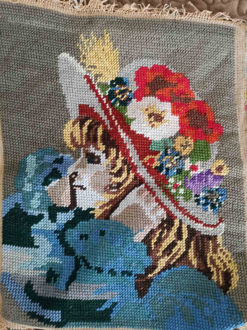 Girl with a flowers hat Finished gobelin needlepoint