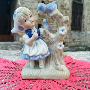 Girl with birds porcelain figurine, cute children home decor vintage porcelain figurine