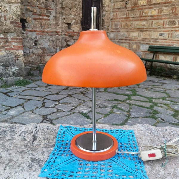 Orange space age lamp, industrial interior home decor table top lamp, 1970's atomic age desk lamp