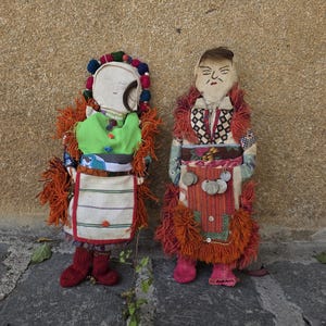 Primitive handmade dolls, folklore costumes antique dolls from Mariovo villages, bride and mother in law dolls