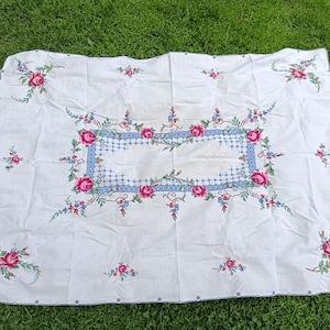 Floral cross stitch tablecloth, cross stitch embroidered vintage taable cover, 70s embroidered floral table topper