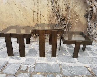 Meblo nesting tables, vintage 1970&#39;s nesting tables, 1970&#39;s brown art deco nesting tables