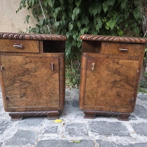 Art Deco antique nightstands, early XX century bedroom nightstands, hand carved solid wood nightstands
