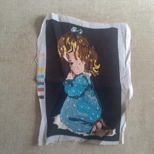 Cute vintage tapestry, Girl praying before sleeping, hand embroidered finished needlepoint tapestry