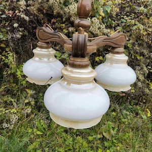 Vintage ceiling lamp, pendant glass and wood lamp