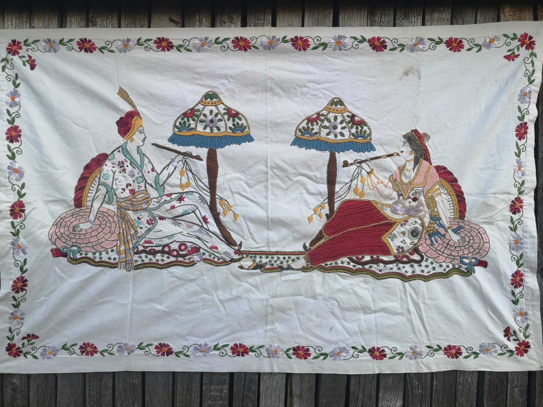 Hand Embroidered Vintage Tapestry, White Embroidered Tapestry Etsy