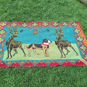 手刺繍のタペストリー、ミッドセンチュリーのヴィンテージタペストリー、動物のタペストリー