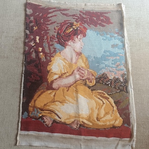 Vintage tapestry, retro wall decor needlepoint tapestry, Sitting girl handmade tapestry