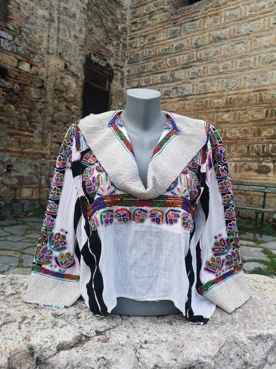 Hand embroidered unique vintage blouse, linen embr