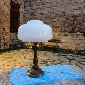 Vintage table lamp, brass wood and milk glass table lamp