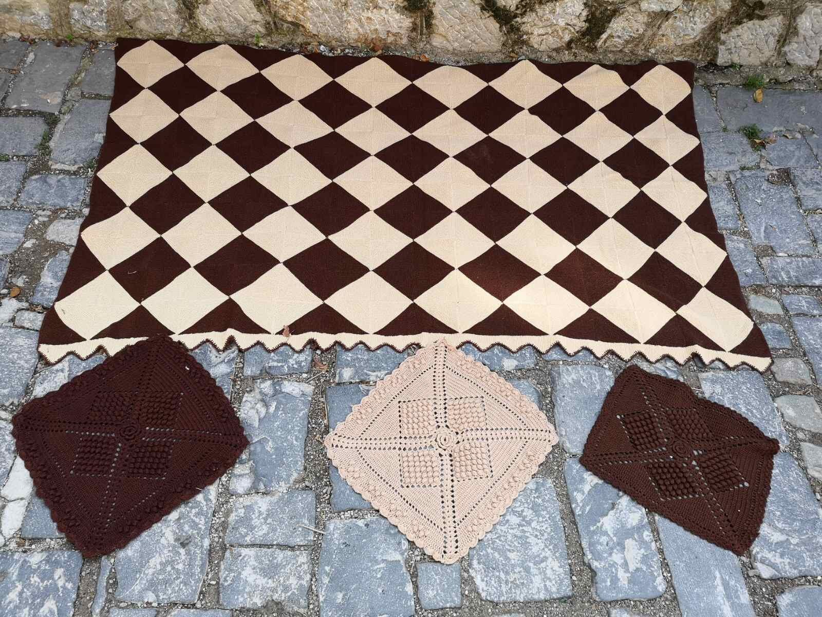 Two Sofa Covers, Knitted and 3 Knitted Pillows Set, Vintage Sofa Covers