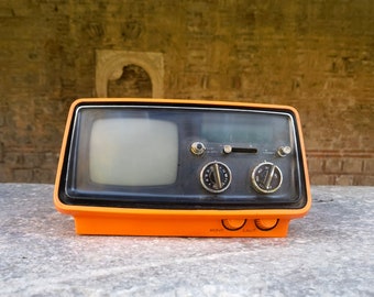 Space age orange 1970's portable TV, vintage rare space age design CRT television