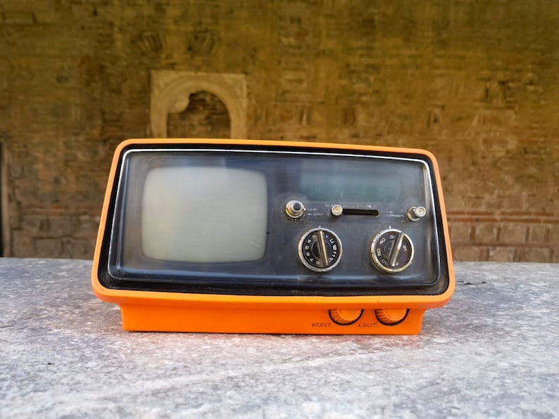 Space age orange 1970's portable TV, vintage rare space age design CRT television image 1