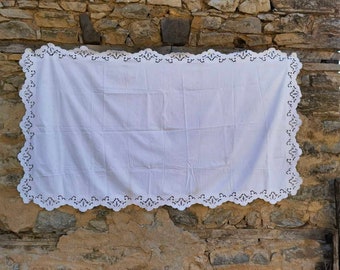 White vintage cotton table cover, natural and organic cotton, handmade tablecloth