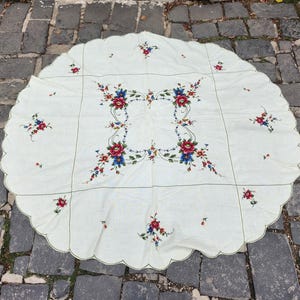Round cross stitch embroidered tablecloth, vintage round floral embroidered table cover