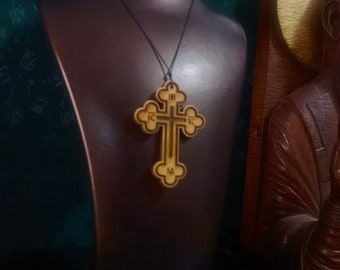 Wooden carved cross, Orthodox Christian cross pendant