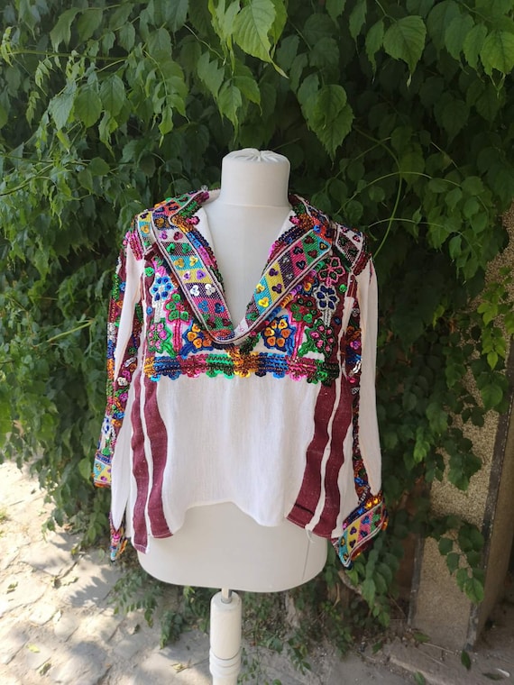 Hand embroidered unique blouse, beads embroidered