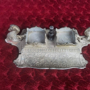 Antique French inkwell, early XX century bronze inkwell