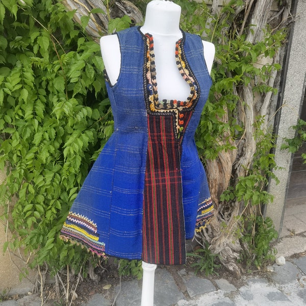 Skopska Blatija young woman's vest, blue wool hand embroidered antique ethnic vest