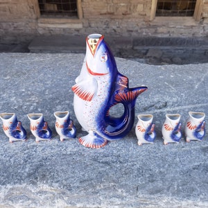 Fish decanter and 6 shot glasses, vintage Ukraine porcelain fish carafe and shot glass set