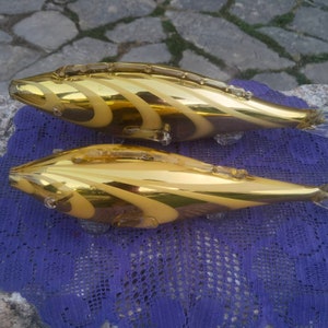 Set of two gold Murano glass fish, collectible retro mid century blown Murano glass fish