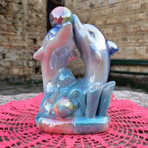 Dolphins pen holder, porcelain dolphins desk pen holder, vintage porcelain desk decor