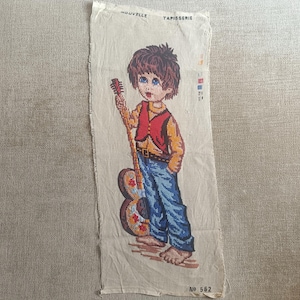 Handmade vintage tapestry, gobelin needlepoint, finished needlepoint tapestry Boy with a guitar