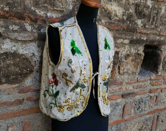 Hand decorated, hand embroidered cotton vest, vintage handmade vest
