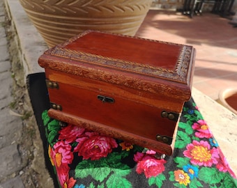 Vintage jewelry chest, hand carved wooden jewelry chest