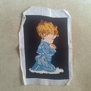 Boy praying before going to sleep, needlepoint finished tapestry, vintage gobelin needlepoint, kid's tapestry