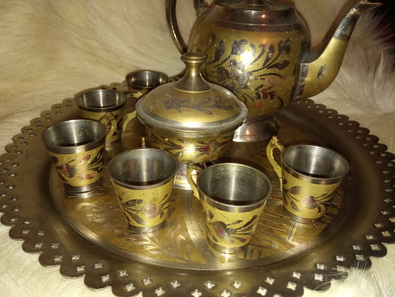 Vintage Tea Set Metal Tea Set Set of six cups tea pot Etsy