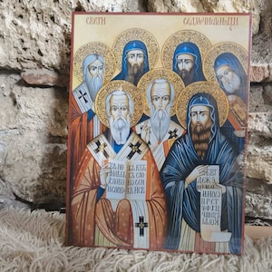 Orthodox Christian Icon of seven saints, known as Sedmochislenitsi, 40 x 30 cm Christian Icon