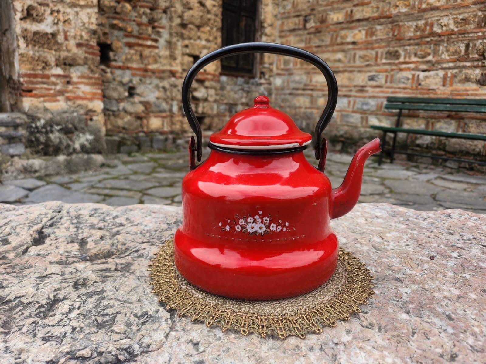 Red metal enamel teapot, vintage retro style teapot made in 1960s in Yugoslavia