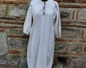 Women's ethnic white dress, floral embroidery antique handmade long shirt from Skopska Blatija region